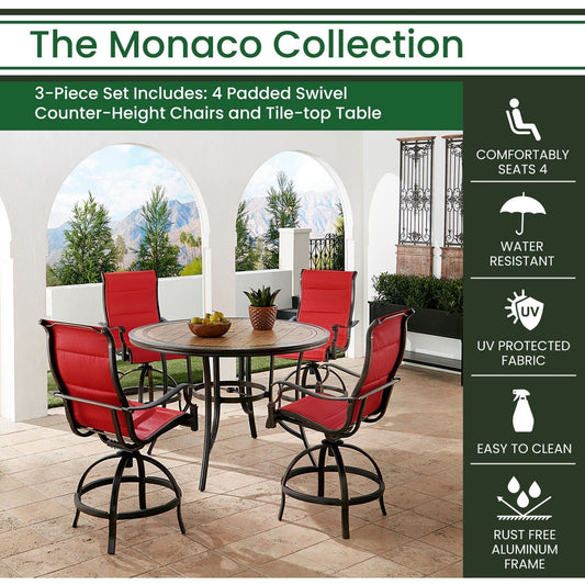 Hanover Outdoor Dining Set Hanover Monaco 5-Piece High-Dining Set in Red with 4 Padded Counter-Height Swivel Chairs and a 56-In. Tile-Top Table | MONDN5PCPDBR-C-RED
