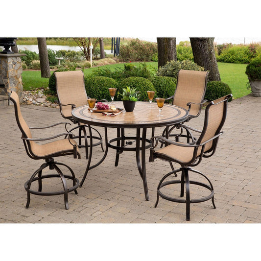 Hanover Outdoor Dining Set Hanover Monaco 5-Piece High-Dining Set with 56 In. Tile-top Table | 4 Sling Swivel Counter Height Chairs | MONDN5PCBR