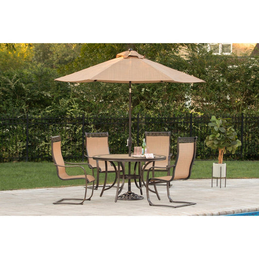 Hanover Outdoor Dining Set Hanover Monaco 5-Piece Outdoor Dining Set with C-Spring Chairs, Tile-top Dining Table, and a 9 Ft. Table Umbrella | MONDN5PCSP-SU