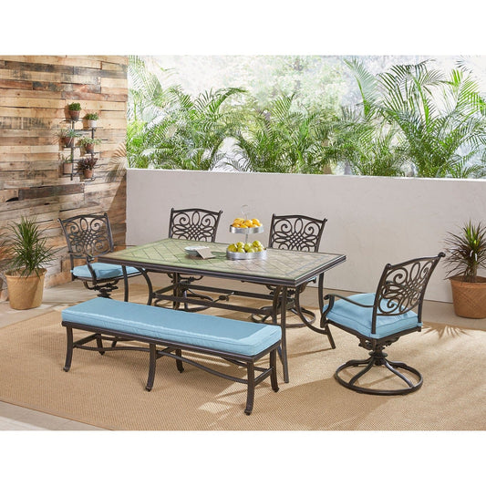 Hanover Outdoor Dining Set Hanover - Monaco 6-Piece Dining Set in Blue with Four Swivel Rockers, a Cushioned Bench, and a 40" x 68" Tile-Top Table | MONDN6PCSW4BN-BLU