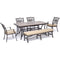 Hanover Outdoor Dining Set Hanover - Monaco 6-Piece Dining Set in Tan with Four Dining Chairs, a Cushioned Bench, and a 40" x 68" Tile-Top Table