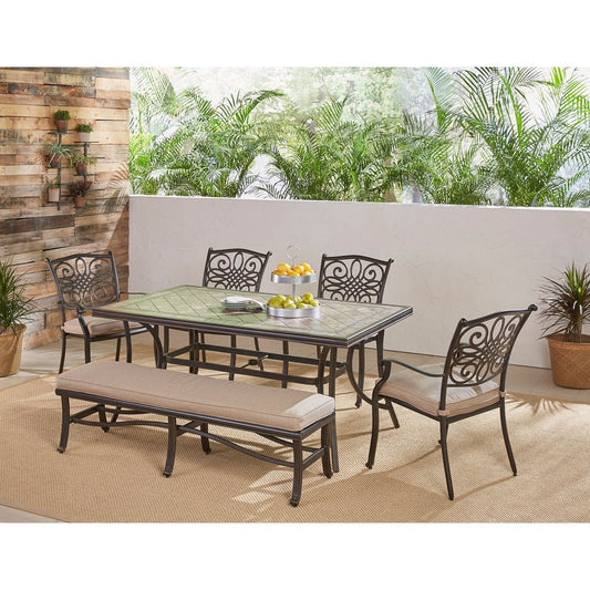 Hanover Outdoor Dining Set Hanover - Monaco 6-Piece Dining Set in Tan with Four Dining Chairs, a Cushioned Bench, and a 40" x 68" Tile-Top Table | MONDN6PCBN-TAN
