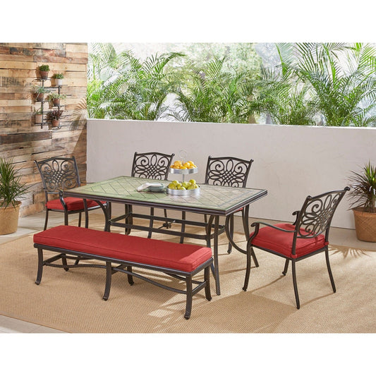 Hanover Outdoor Dining Set Hanover - Monaco 6-Piece Patio Dining Set in Red with Four Dining Chairs, 1 Bench, and a 40" x 68" Tile-Top Table | MONDN6PCBN-RED