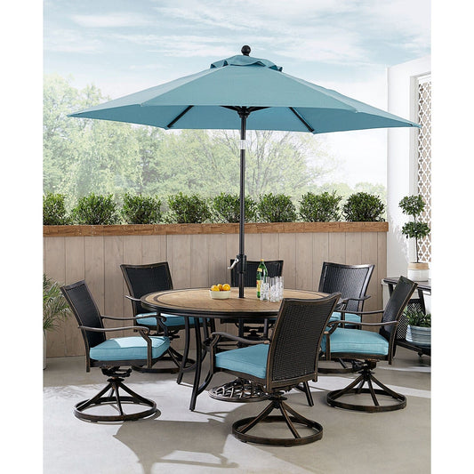 Hanover Outdoor Dining Set Hanover Monaco 7-Piece Dining Set in Blue with 6 Wicker Back Swivel Rockers, 60-in. Tile-Top Table and 9-Ft. Umbrella | MONDNWB7PCSW6RDTL-SU-B