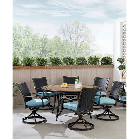Hanover Outdoor Dining Set Hanover Monaco 7-Piece Dining Set in Blue with 6 Wicker Back Swivel Rockers and a 60-in. Tile-Top Table | MONDNWB7PCSW6RDTL-BLU