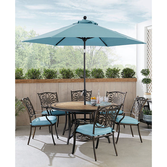 Hanover Outdoor Dining Set Hanover Monaco 7-Piece Dining Set in Blue with Six Dining Chairs, 60-in. Tile-Top Table and 9-Ft. Umbrella | MONDN7PCRDTLC-SU-B