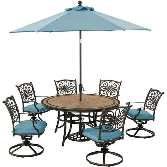 Hanover Outdoor Dining Set Hanover Monaco 7-Piece Dining Set in Blue with Six Swivel Rockers, 60-in. Tile-Top Table and 9-Ft. Umbrella