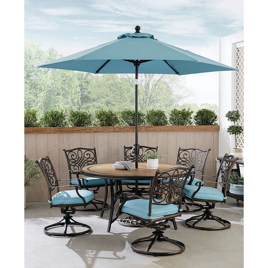 Hanover Outdoor Dining Set Hanover Monaco 7-Piece Dining Set in Blue with Six Swivel Rockers, 60-in. Tile-Top Table and 9-Ft. Umbrella | MONDN7PCSW6RDTLC-SU-B