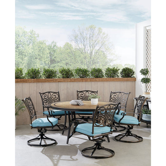 Hanover Outdoor Dining Set Hanover Monaco 7-Piece Dining Set in Blue with Six Swivel Rockers and a 60-in. Tile-Top Table | MONDN7PCSW6RDTL-C-BLU