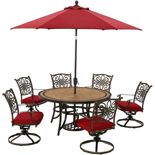 Hanover Outdoor Dining Set Hanover Monaco 7-Piece Dining Set in Red with Six Swivel Rockers, 60-in. Tile-Top Table and 9-Ft. Umbrella
