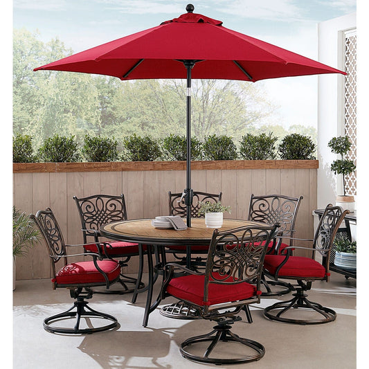 Hanover Outdoor Dining Set Hanover Monaco 7-Piece Dining Set in Red with Six Swivel Rockers, 60-in. Tile-Top Table and 9-Ft. Umbrella | MONDN7PCSW6RDTLC-SU-R