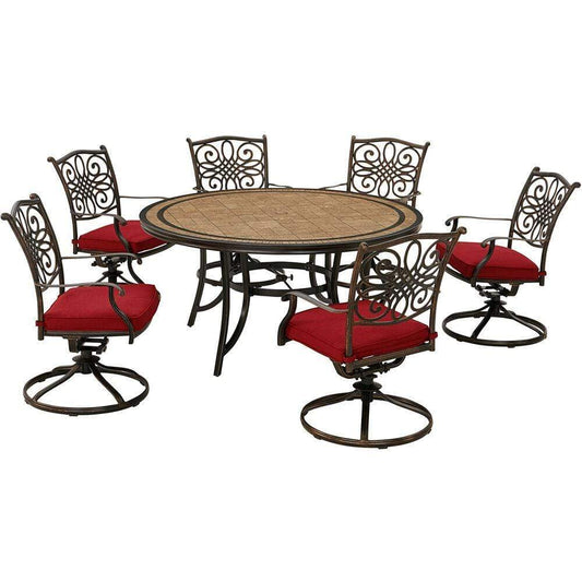 Hanover Outdoor Dining Set Hanover Monaco 7-Piece Dining Set in Red with Six Swivel Rockers and a 60-in. Tile-Top Table
