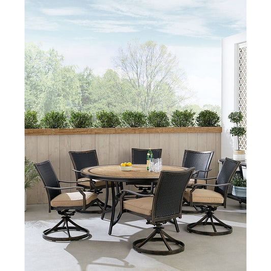Hanover Outdoor Dining Set Hanover Monaco 7-Piece Dining Set in Tan with 6 Wicker Back Swivel Rockers and a 60-in. Tile-Top Table | MONDNWB7PCSW6RDTL-TAN