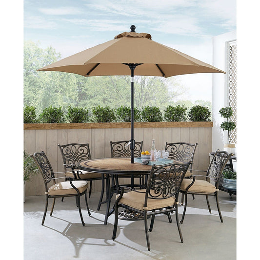 Hanover Outdoor Dining Set Hanover Monaco 7-Piece Dining Set in Tan with Six Dining Chairs, 60-in. Tile-Top Table and 9-Ft. Umbrella | MONDN7PCRDTLC-SU-T