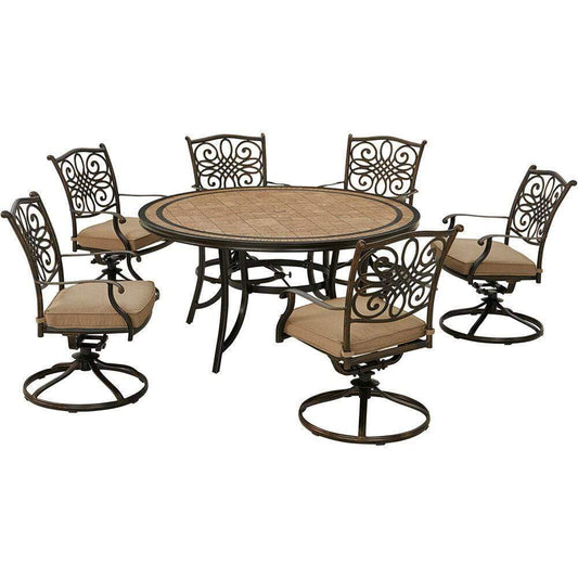 Hanover Outdoor Dining Set Hanover Monaco 7-Piece Dining Set in Tan with Six Swivel Rockers and a 60-in. Tile-Top Table