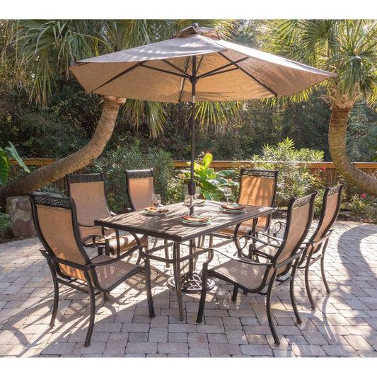 Hanover Outdoor Dining Set Hanover - Monaco 7-Piece Dining Set with 9 Ft. Table Umbrella and Umbrella Stand | MONDN7PC-SU