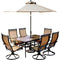 Hanover Outdoor Dining Set Hanover Monaco 7-Piece Dining Set with Six Swivel Rockers, a 68 x 40 in. Dining Table, 9 Ft. Table Umbrella, and Umbrella Stand - MONDN7PCSW6-SU
