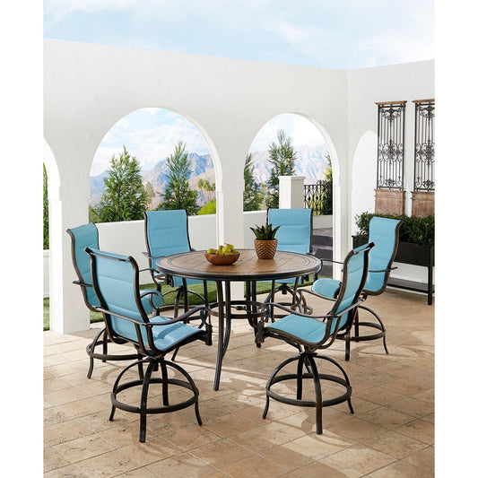Hanover Outdoor Dining Set Hanover Monaco 7-Piece High-Dining Set in Blue with 6 Padded Counter-Height Swivel Chairs and a 56-In. Tile-Top Table | MONDN7PCPDBR-C-BLU