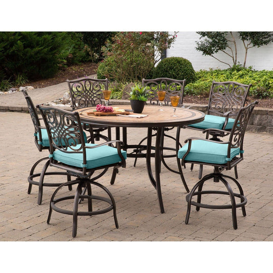 Hanover Outdoor Dining Set Hanover Monaco 7-Piece High-Dining Set in Blue with a 56 In. Tile-top Table and 6 Swivel Chairs | MONDN7PCBR-C-BLU