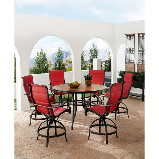 Hanover Outdoor Dining Set Hanover Monaco 7-Piece High-Dining Set in Red with 6 Padded Counter-Height Swivel Chairs and a 56-In. Tile-Top Table | MONDN7PCPDBR-C-RED