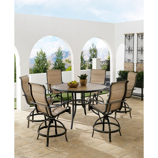 Hanover Outdoor Dining Set Hanover Monaco 7-Piece High-Dining Set in Tan with 6 Padded Counter-Height Swivel Chairs and a 56-In. Tile-Top Table | MONDN7PCPDBR-C-TAN