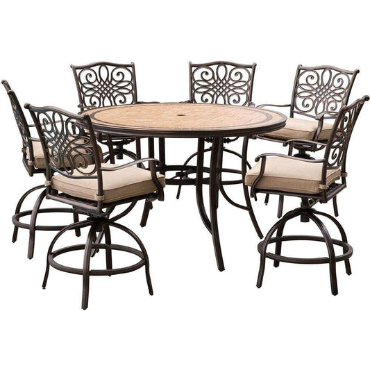Hanover Outdoor Dining Set Hanover Monaco 7-Piece High-Dining Set in Tan with a 56 In. Tile-top Table and 6 Swivel Chairs - MONDN7PCBR-C