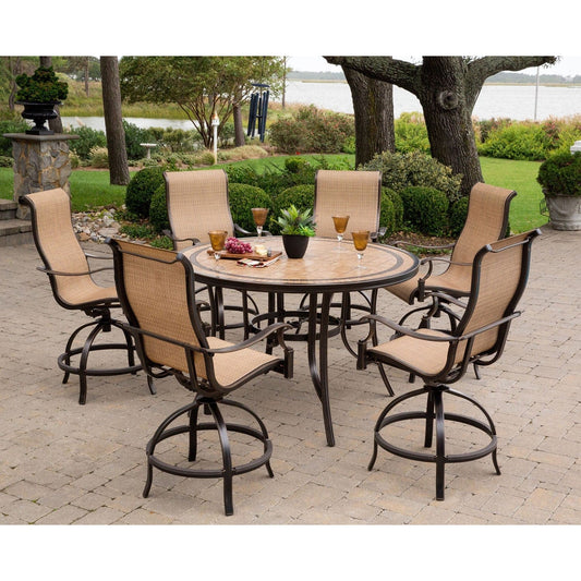 Hanover Outdoor Dining Set Hanover Monaco 7-Piece High-Dining Set with 6 Contoured Swivel Chairs and a 56 In. Tile-Top Table | MONDN7PCBR