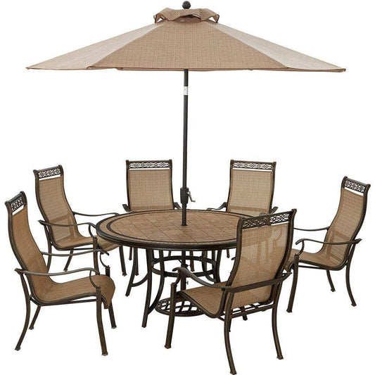 Hanover Outdoor Dining Set Hanover Monaco 7-Piece Outdoor Dining Set with 6 Sling Dining Chairs, 60-in. Tile-Top Table, and 9-ft. Umbrella Base