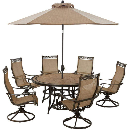 Hanover Outdoor Dining Set Hanover Monaco 7-Piece Outdoor Dining Set with 6 Sling Swivel Rockers, 60-in. Tile-Top Table, and 9-ft. Umbrella Base