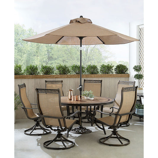 Hanover Outdoor Dining Set Hanover Monaco 7-Piece Outdoor Dining Set with 6 Sling Swivel Rockers, 60-in. Tile-Top Table, and 9-ft. Umbrella Base | MONDN7PCSW6RDTL-SU