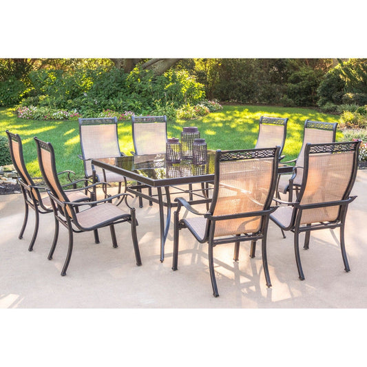 Hanover Outdoor Dining Set Hanover Monaco 9-Piece Dining Set with 60 In. Square Glass-top Table and Eight Stationary Dining Chairs | MONDN9PCSQG
