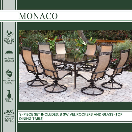 Hanover Outdoor Dining Set Hanover Monaco 9-Piece Dining Set with Eight Swivel Rockers and a Large 60 In. Square Dining Table, MONDN9PCSWSQG