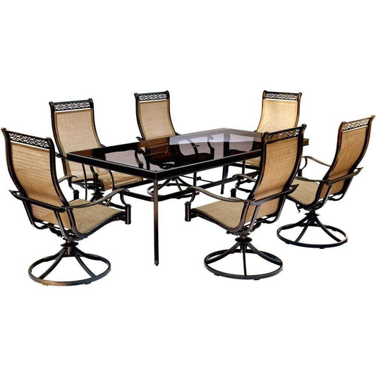 Hanover Outdoor Dining Set Hanover - Monaco7pc: 6 Sling Swivel Rockers, 42x84" Glass Top Table