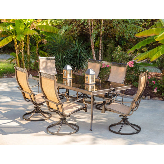 Hanover Outdoor Dining Set Hanover - Monaco7pc: 6 Sling Swivel Rockers, 42x84" Glass Top Table | MONDN7PCSWG
