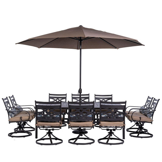 Hanover Outdoor Dining Set Hanover Montclair 11 pc: 10 Swivel Rockers, 60"x84" Table, Umbrella, Umbrella Base Aluminum Frame Tan and Brown | MCLRDN11PCSW10-SU-T