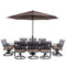Hanover Outdoor Dining Set Hanover Montclair 11 pc: 10 Swivel Rockers, 60"x84" Table, Umbrella, Umbrella Base Aluminum Frame Tan and Brown | MCLRDN11PCSW10-SU-T