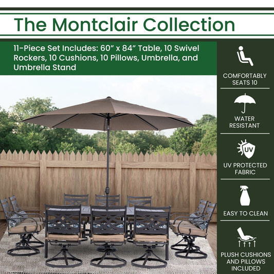 Hanover Outdoor Dining Set Hanover Montclair 11 pc: 10 Swivel Rockers, 60"x84" Table, Umbrella, Umbrella Base Aluminum Frame Tan and Brown | MCLRDN11PCSW10-SU-T