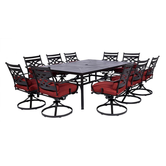 Hanover Outdoor Dining Set Hanover - Montclair 11-Piece Dining Set with 10 Swivel Rockers and Table - Chili and Brown | MCLRDN11PCSW10-CHL