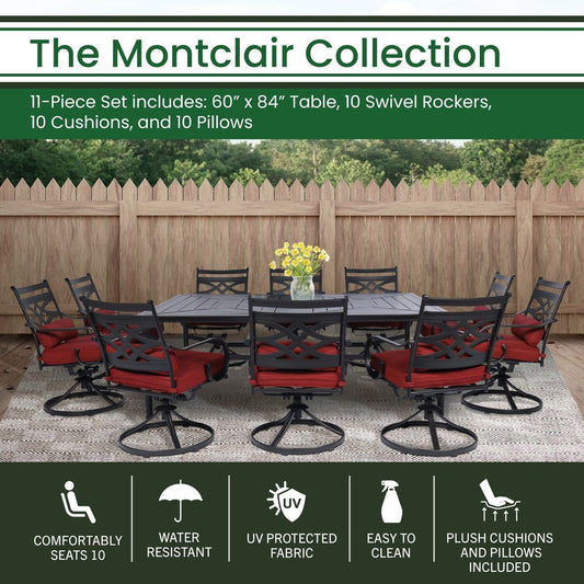 Hanover Outdoor Dining Set Hanover - Montclair 11-Piece Dining Set with 10 Swivel Rockers and Table - Chili and Brown | MCLRDN11PCSW10-CHL