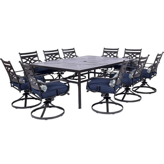 Hanover Outdoor Dining Set Hanover - Montclair 11-Piece Dining Set with 10 Swivel Rockers and Table - Navy and Brown | MCLRDN11PCSW10-NVY