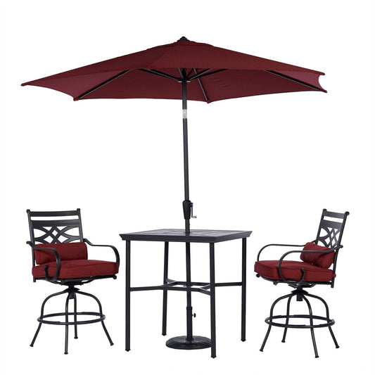 Hanover Outdoor Dining Set Hanover Montclair 3-Piece High-Dining Set in Chili with 2 Swivel Chairs, 33-Inch Square Table and 9-Ft. Umbrella | MCLRDN3PCBRSW2-SU-C