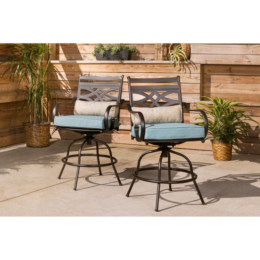 Hanover Outdoor Dining Set Hanover Montclair 3-Piece High-Dining Set in Ocean Blue with 2 Swivel Chairs and a 33-Inch Square Table | MCLRDN3PCBRSW2-BLU