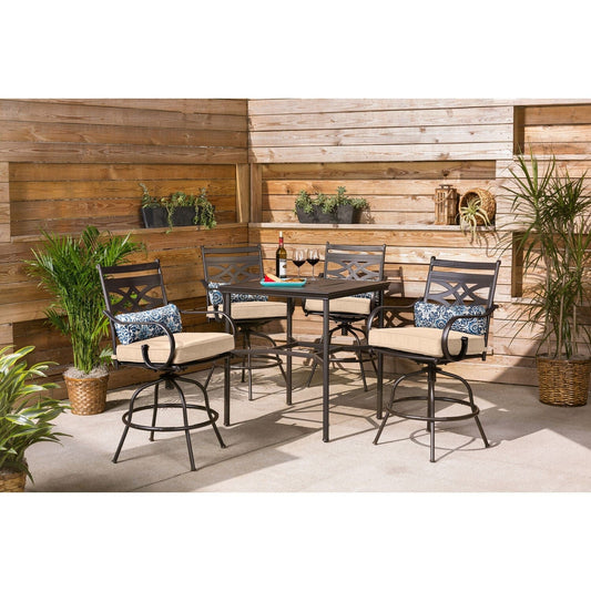 Hanover Outdoor Dining Set Hanover Montclair 5-Piece High-Dining Patio Set in Country Cork with 4 Swivel Chairs and a 33-In. Counter-Height Dining Table | MCLRDN5PCBR-TAN