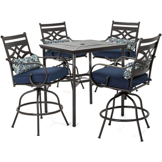 Hanover Outdoor Dining Set Hanover Montclair 5-Piece High-Dining Patio Set in Navy Blue with 4 Swivel Chairs and a 33-In. Counter-Height Dining Table