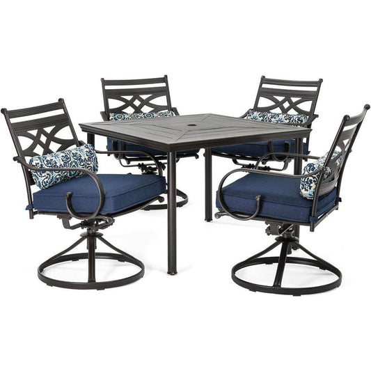 Hanover Outdoor Dining Set Hanover Montclair 5-Piece Patio Dining Set in Navy Blue with 4 Swivel Rockers and a 40-Inch Square Table