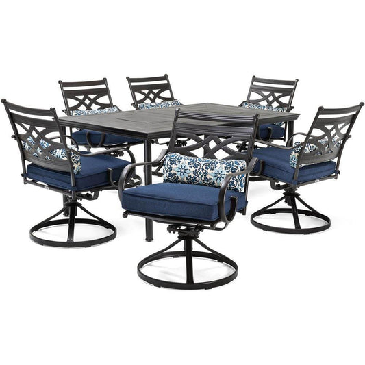 Hanover Outdoor Dining Set Hanover - Montclair 7-Piece Dining Set in Navy Blue with 6 Swivel Rockers and a 40" x 67" Dining Table