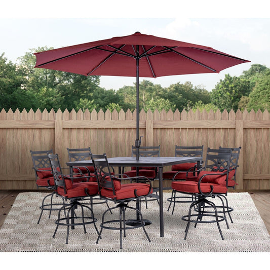 Hanover Outdoor Dining Set Hanover Montclair 9 piece High Dining: 8 Swivel Chairs, 60" High Table, Umbrella & Base - Chili/Brown MCLRDN9PCBRSW8-SU-C