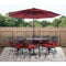 Hanover Outdoor Dining Set Hanover Montclair 9 piece High Dining: 8 Swivel Chairs, 60" High Table, Umbrella & Base - Chili/Brown MCLRDN9PCBRSW8-SU-C
