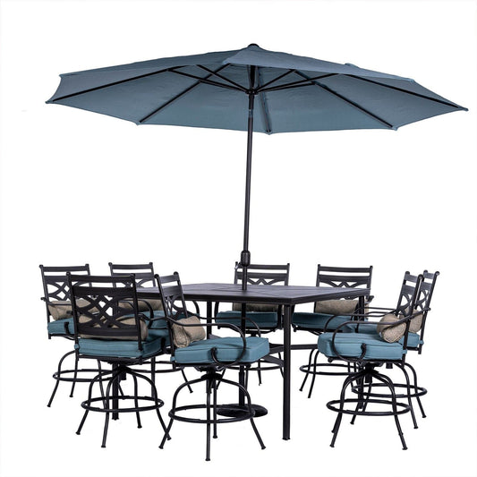 Hanover Outdoor Dining Set Hanover Montclair 9 piece High Dining: 8 Swivel Chairs, 60" High Table, Umbrella & Base - Ocean Blue/BrownMCLRDN9PCBRSW8-SU-B
