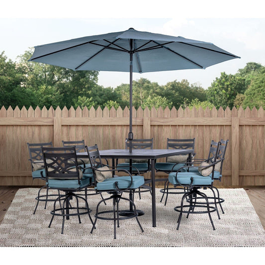 Hanover Outdoor Dining Set Hanover Montclair 9 piece High Dining: 8 Swivel Chairs, 60" High Table, Umbrella & Base - Ocean Blue/BrownMCLRDN9PCBRSW8-SU-B